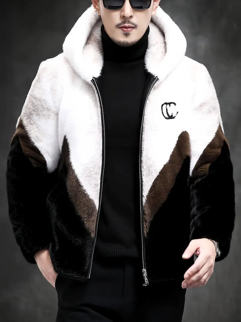 Men's Faux Mink Hooded Jacket - Stylish Warm Winter Coat with Zip Closure for Outdoor Adventures