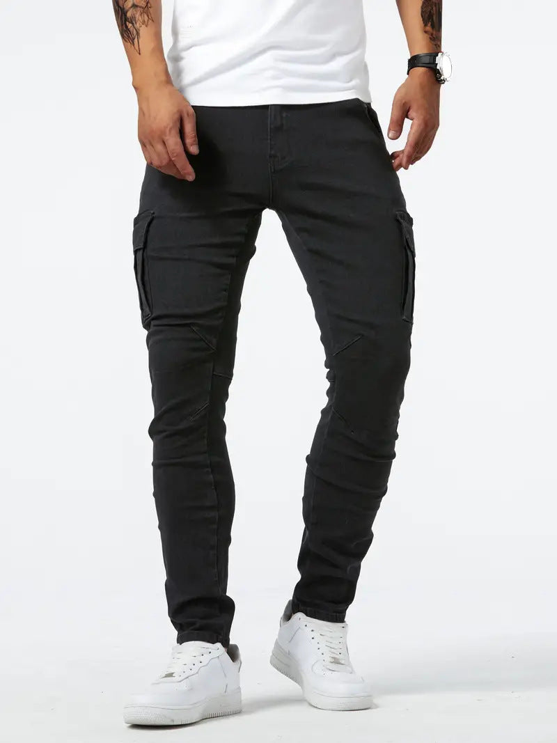 Men’s Utility Work Pants with Pockets – Slim Fit Denim Cargo Trousers for All Seasons