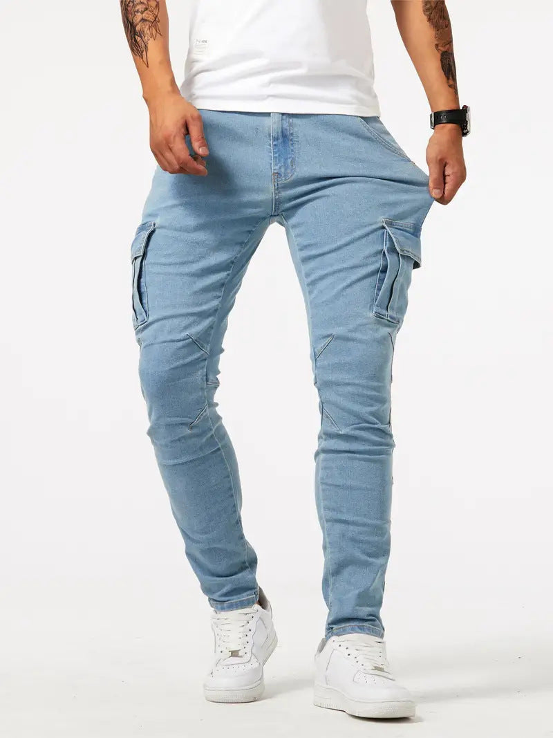 Men’s Utility Work Pants with Pockets – Slim Fit Denim Cargo Trousers for All Seasons