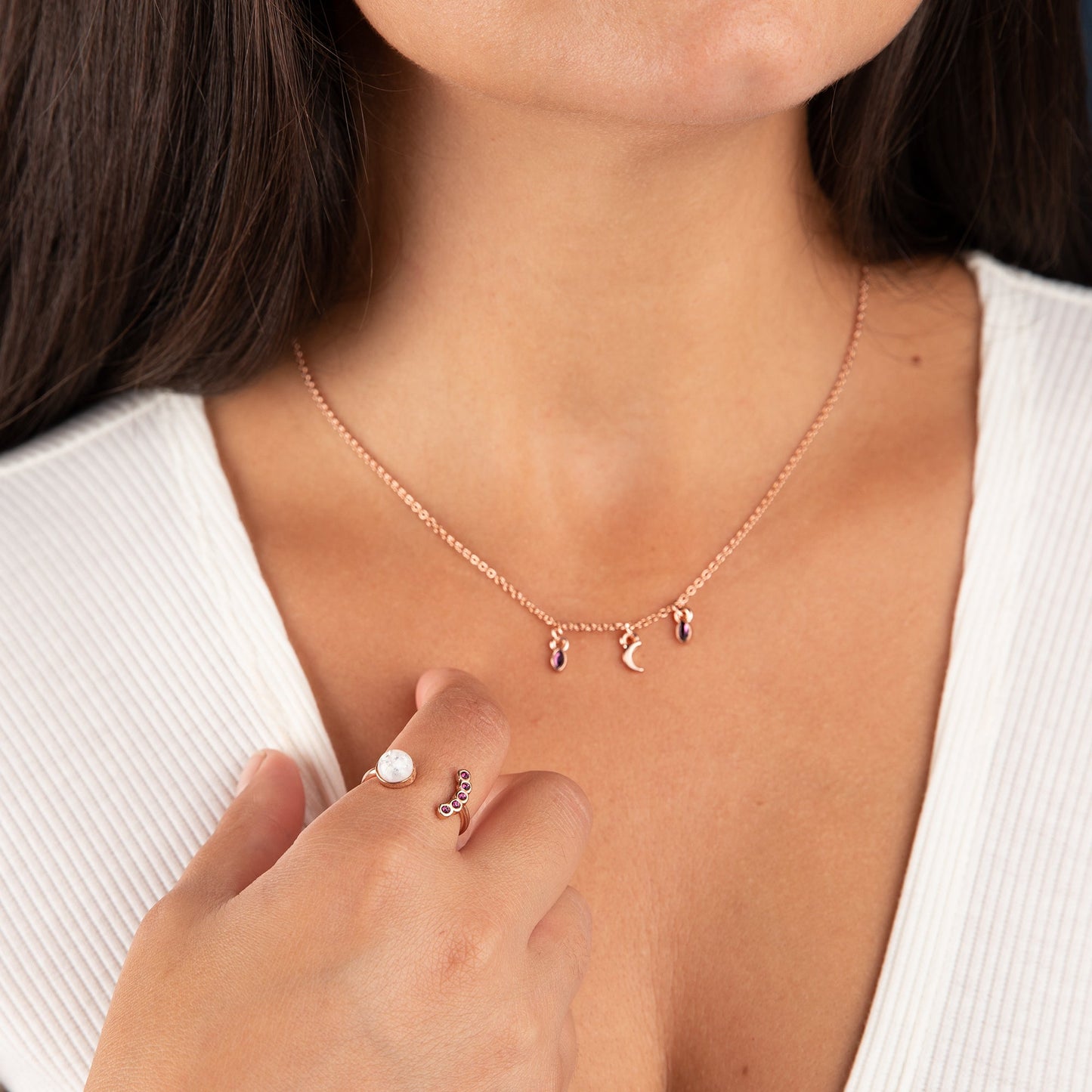 Moon Charm Necklace + Crystal Ring Gift Set