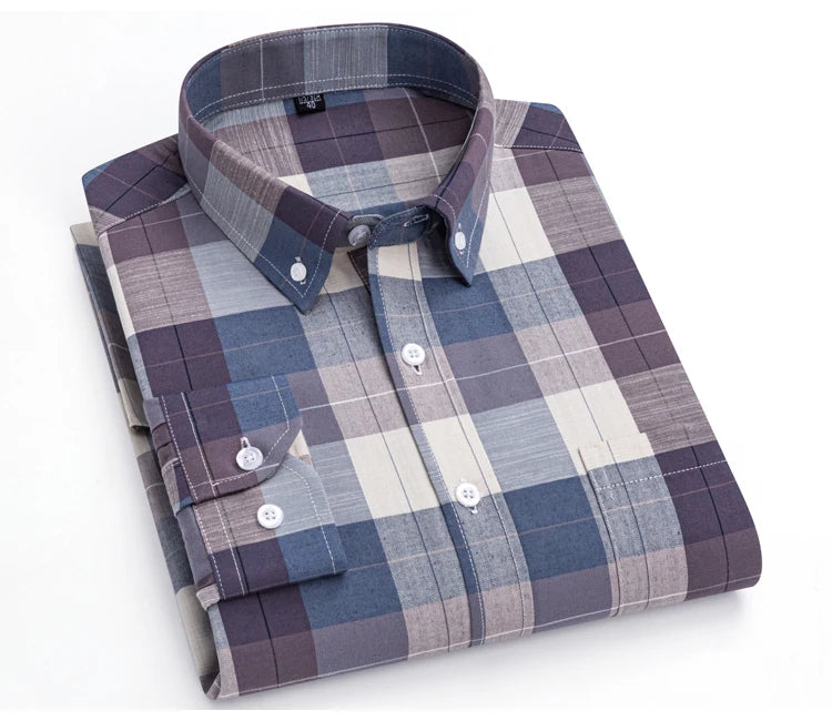 Men's Trendy Striped Lapel Collar Design Cotton Dress Shirts, Long Sleeve Casual Button Up Commuter Shirt For Spring/Fall
