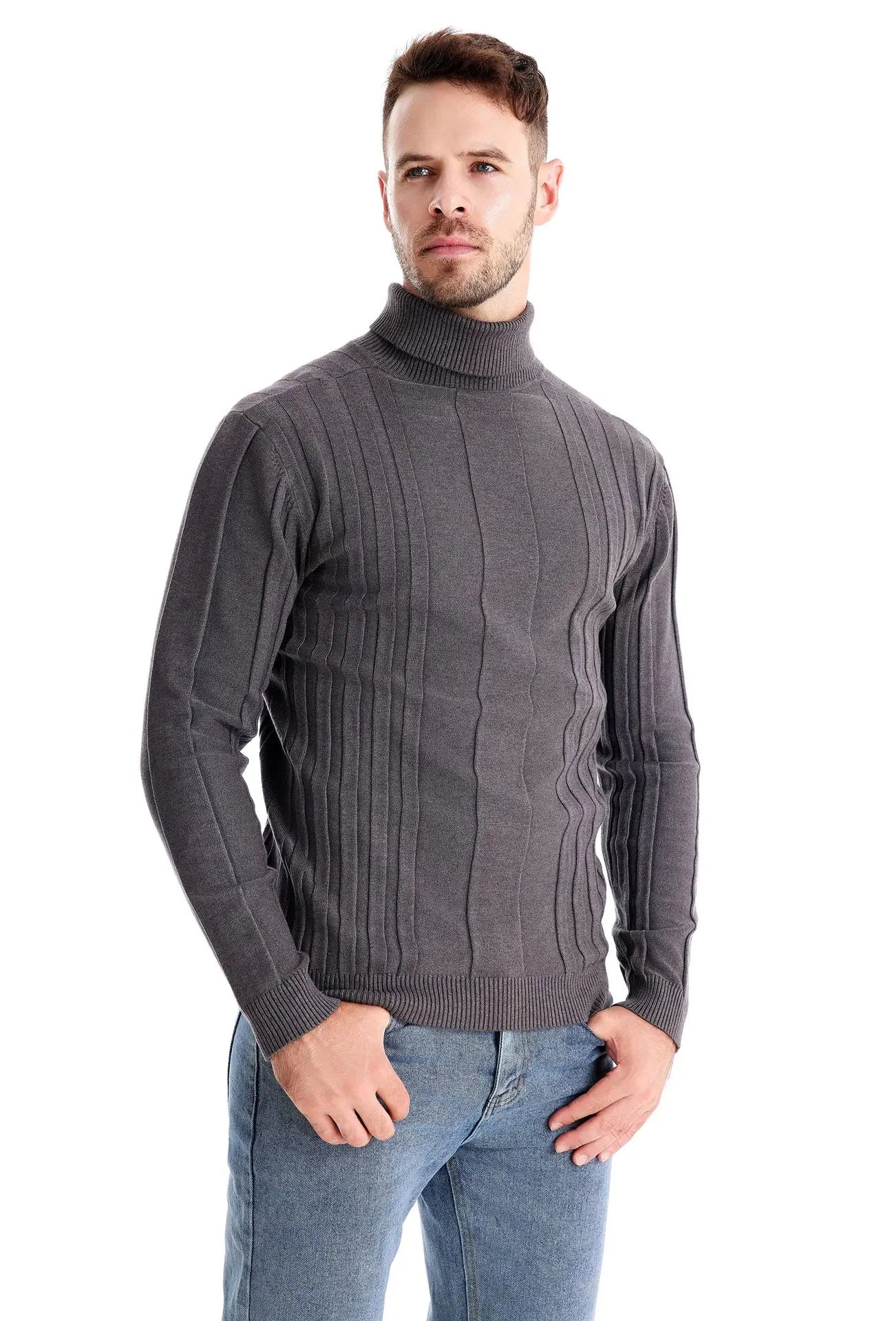 Winter Slim Fit Pullovers Turtleneck Men Casual Basic Solid Color Warm Striped Sweater Mens New Fashion Sweaters Male