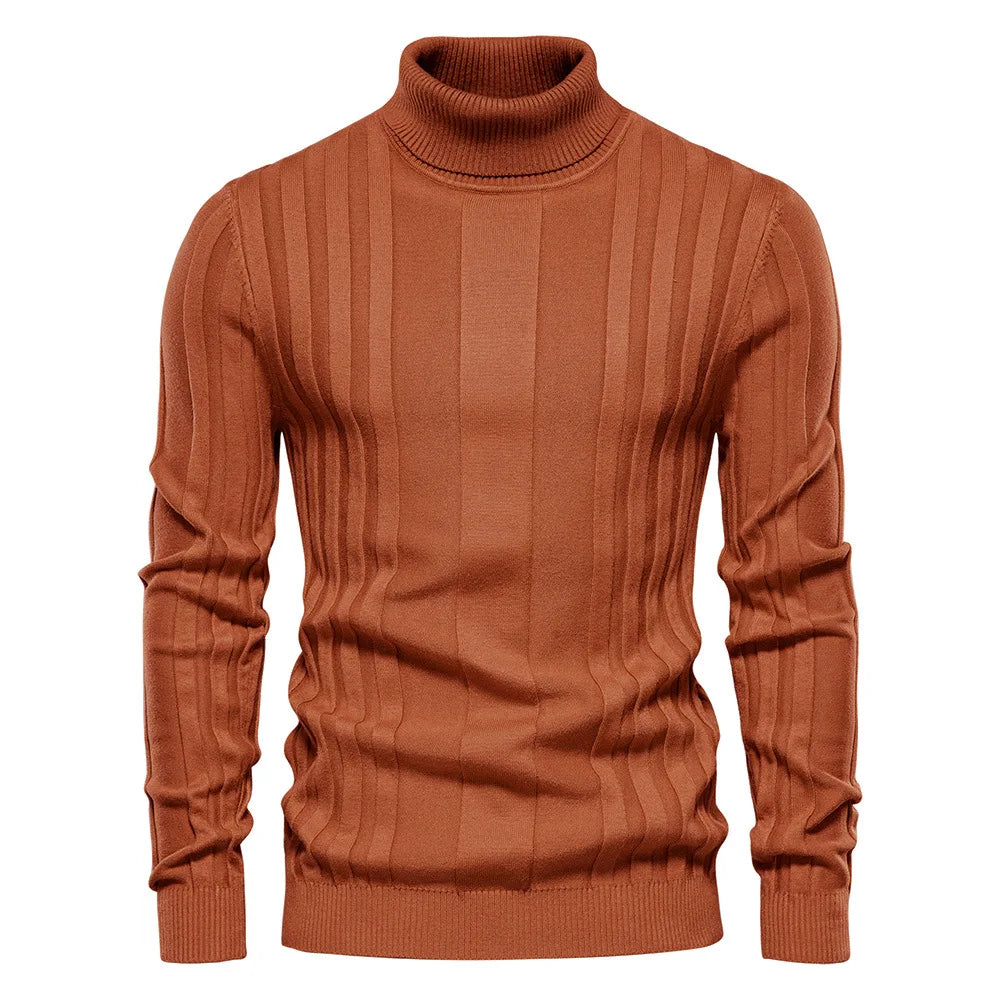 Winter Slim Fit Pullovers Turtleneck Men Casual Basic Solid Color Warm Striped Sweater Mens New Fashion Sweaters Male