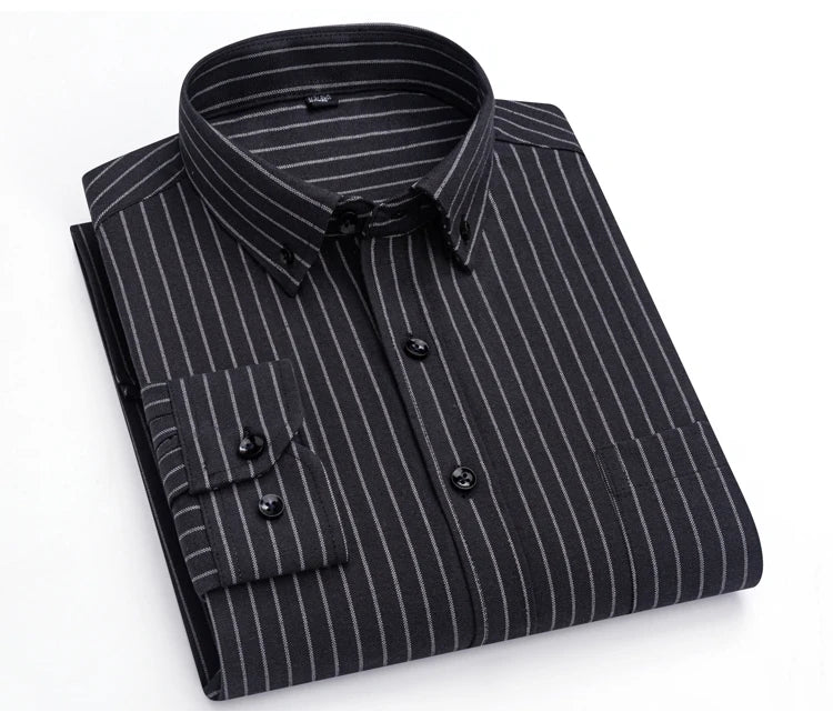 Men's Trendy Striped Lapel Collar Design Cotton Dress Shirts, Long Sleeve Casual Button Up Commuter Shirt For Spring/Fall