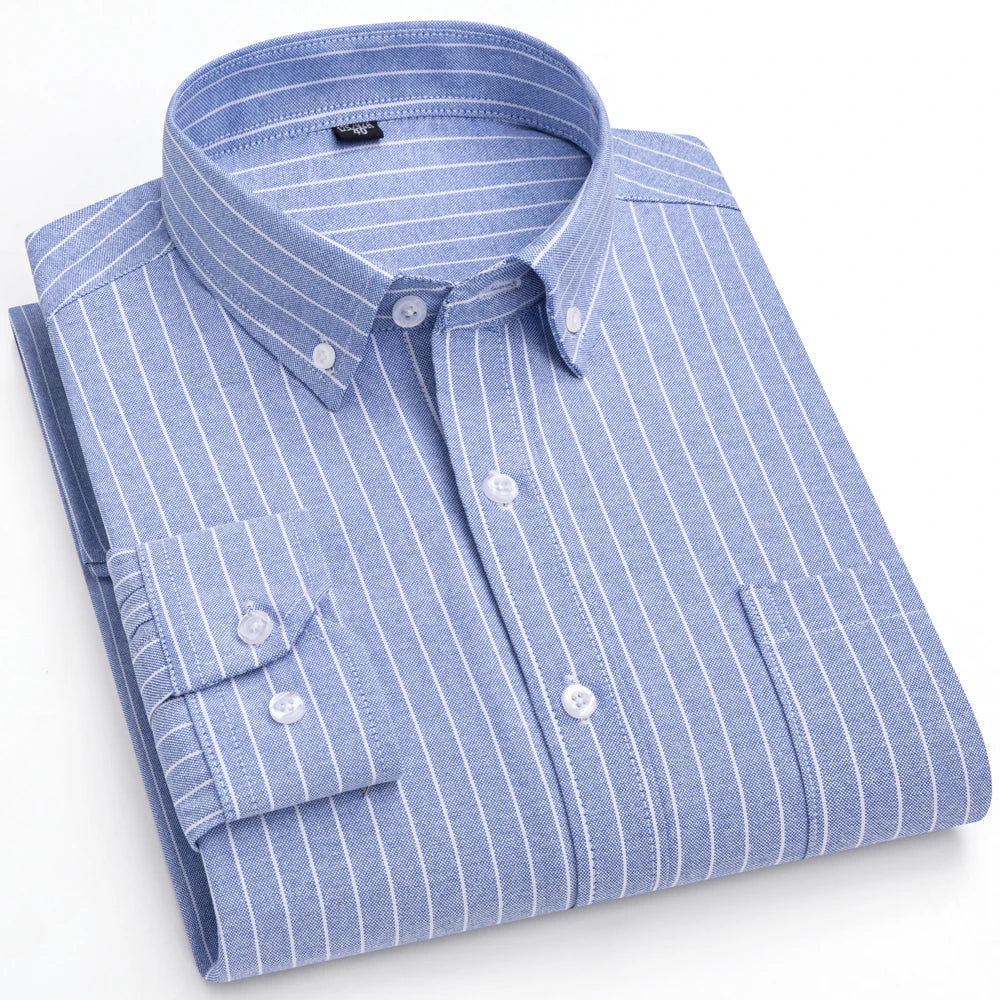 Men's Trendy Striped Lapel Collar Design Cotton Dress Shirts, Long Sleeve Casual Button Up Commuter Shirt For Spring/Fall