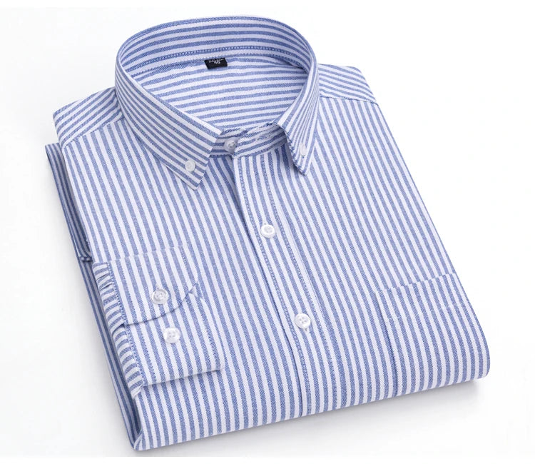 Men's Trendy Striped Lapel Collar Design Cotton Dress Shirts, Long Sleeve Casual Button Up Commuter Shirt For Spring/Fall