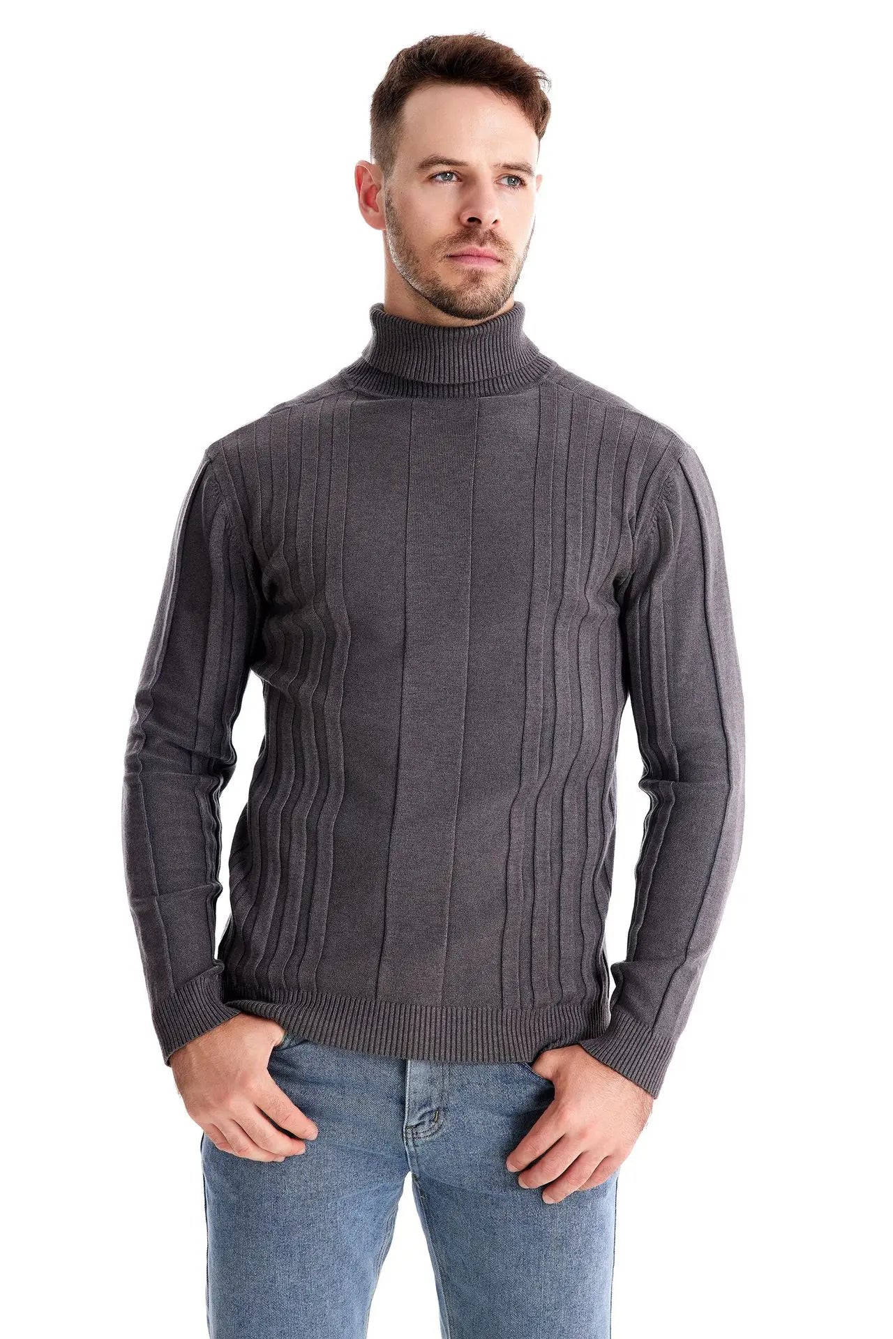 Winter Slim Fit Pullovers Turtleneck Men Casual Basic Solid Color Warm Striped Sweater Mens New Fashion Sweaters Male