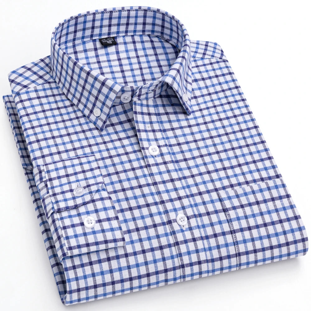 Men's Trendy Striped Lapel Collar Design Cotton Dress Shirts, Long Sleeve Casual Button Up Commuter Shirt For Spring/Fall