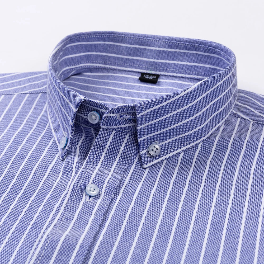 Men's Trendy Striped Lapel Collar Design Cotton Dress Shirts, Long Sleeve Casual Button Up Commuter Shirt For Spring/Fall