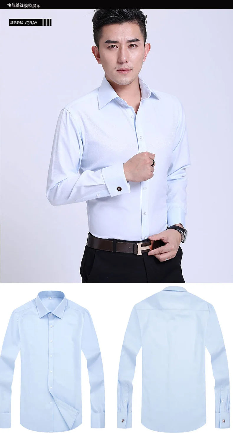Men's French cufflinks shirt, men's slim fit long sleeved business sleeve nail free business formal men's solid color shirt