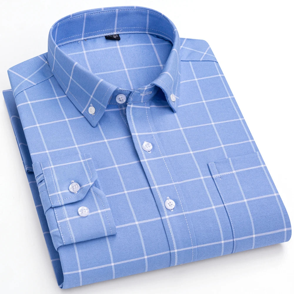 Men's Trendy Striped Lapel Collar Design Cotton Dress Shirts, Long Sleeve Casual Button Up Commuter Shirt For Spring/Fall