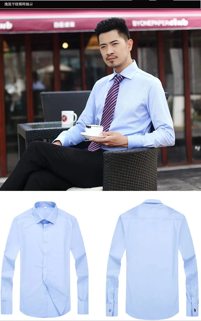 Men's French cufflinks shirt, men's slim fit long sleeved business sleeve nail free business formal men's solid color shirt