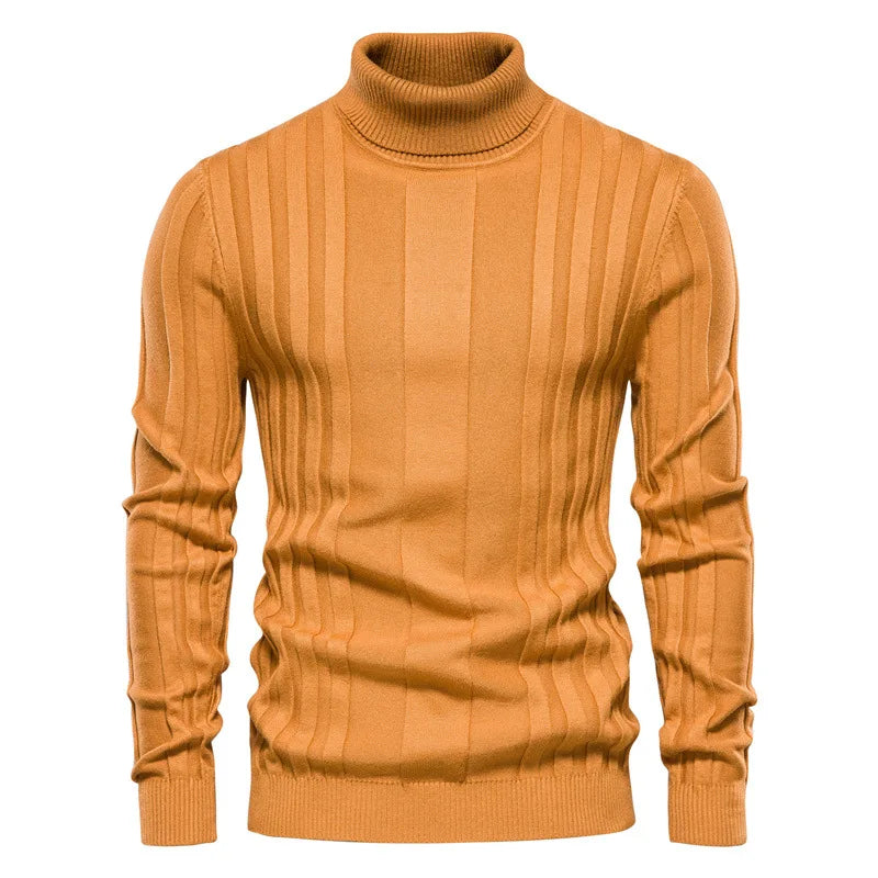 Winter Slim Fit Pullovers Turtleneck Men Casual Basic Solid Color Warm Striped Sweater Mens New Fashion Sweaters Male