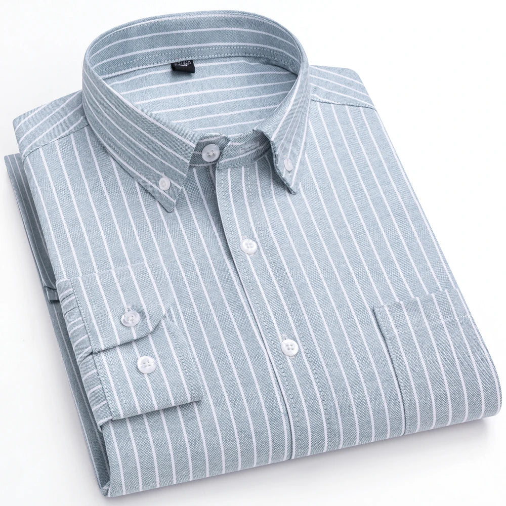 Men's Trendy Striped Lapel Collar Design Cotton Dress Shirts, Long Sleeve Casual Button Up Commuter Shirt For Spring/Fall