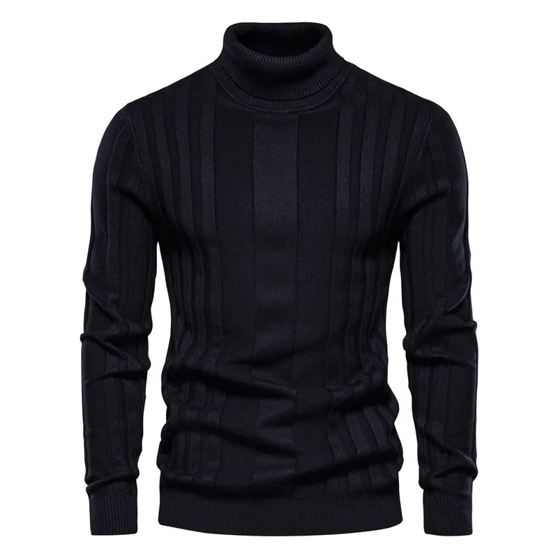 Winter Slim Fit Pullovers Turtleneck Men Casual Basic Solid Color Warm Striped Sweater Mens New Fashion Sweaters Male