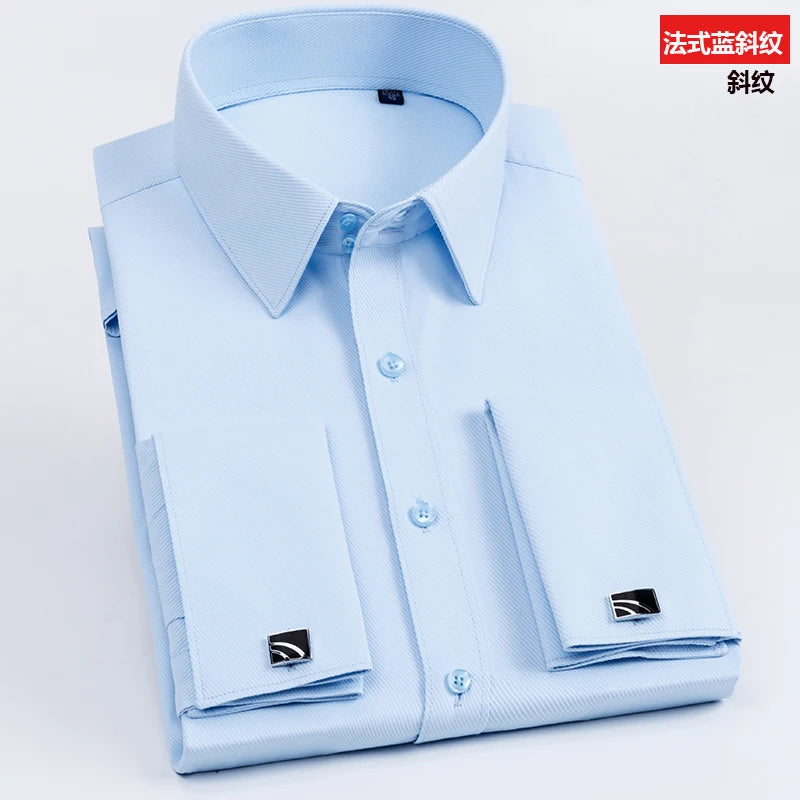 Men's French cufflinks shirt, men's slim fit long sleeved business sleeve nail free business formal men's solid color shirt