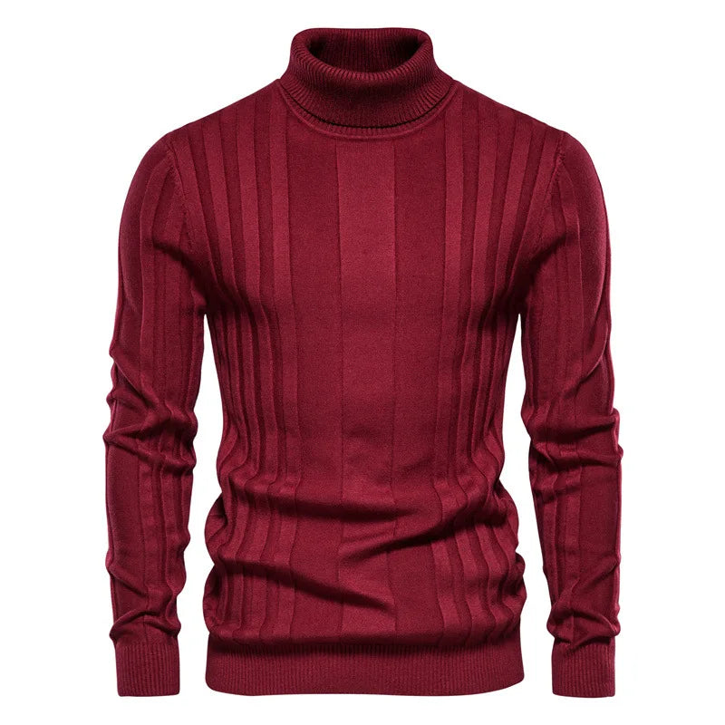 Winter Slim Fit Pullovers Turtleneck Men Casual Basic Solid Color Warm Striped Sweater Mens New Fashion Sweaters Male