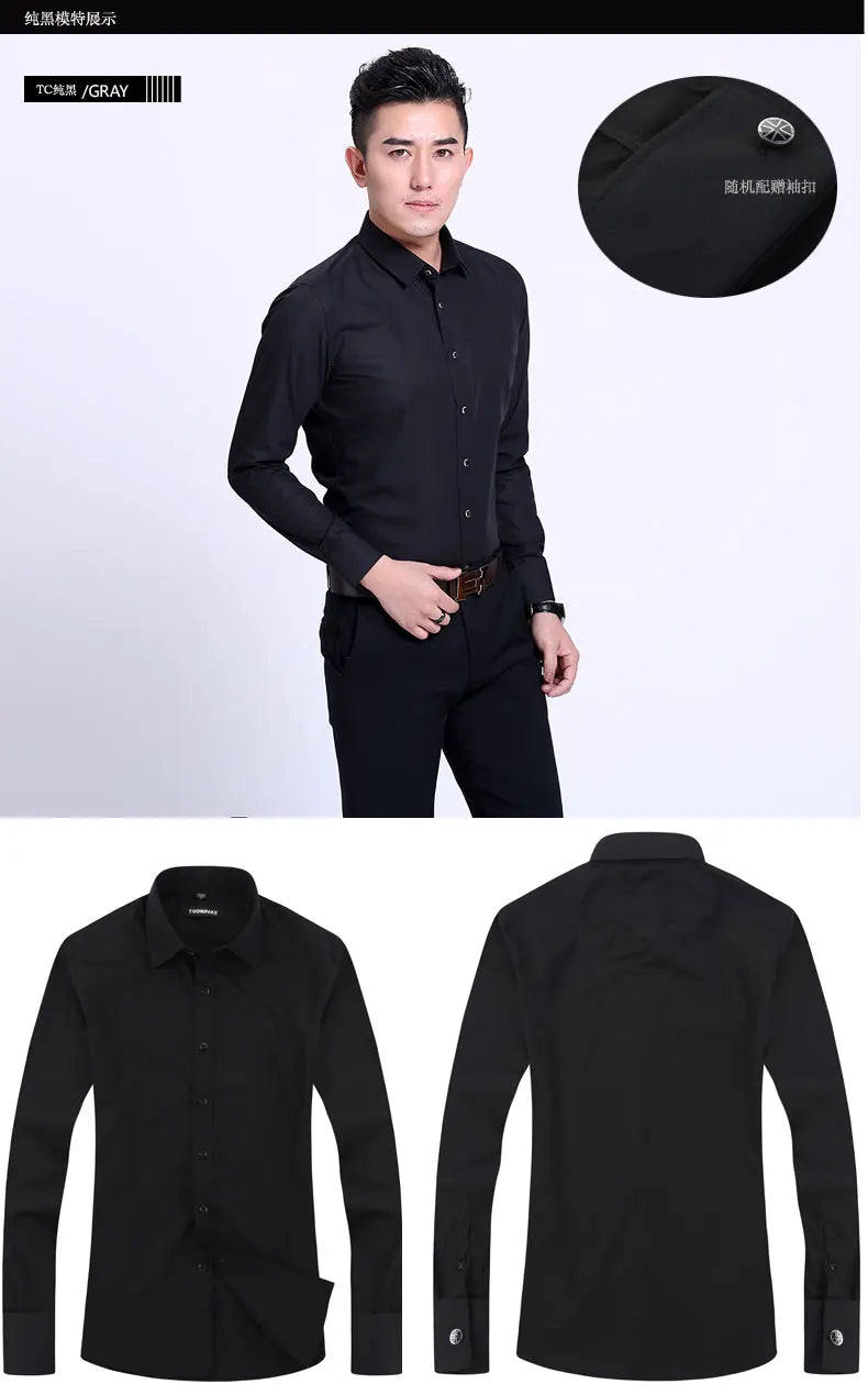 Men's French cufflinks shirt, men's slim fit long sleeved business sleeve nail free business formal men's solid color shirt
