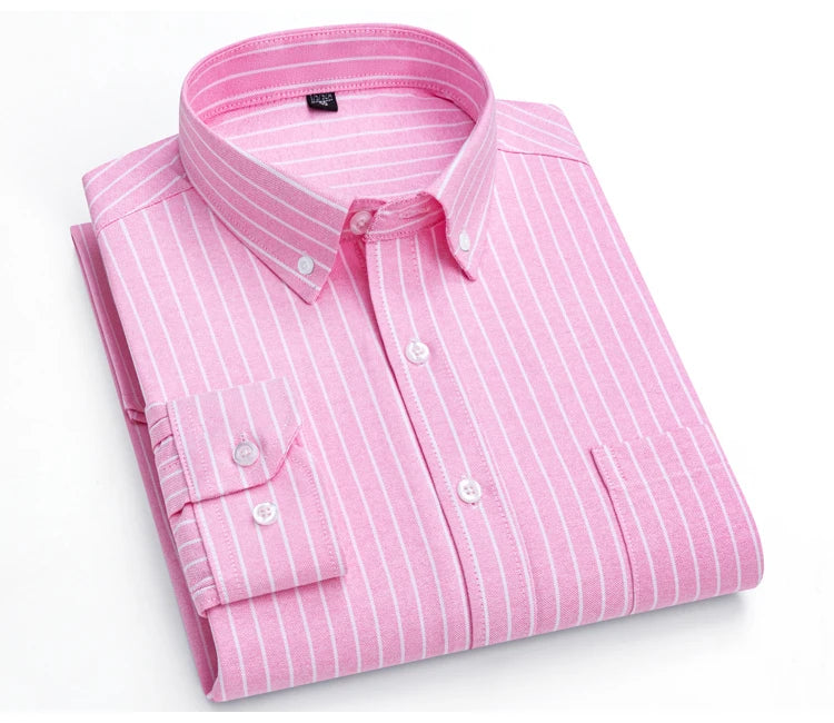 Men's Trendy Striped Lapel Collar Design Cotton Dress Shirts, Long Sleeve Casual Button Up Commuter Shirt For Spring/Fall