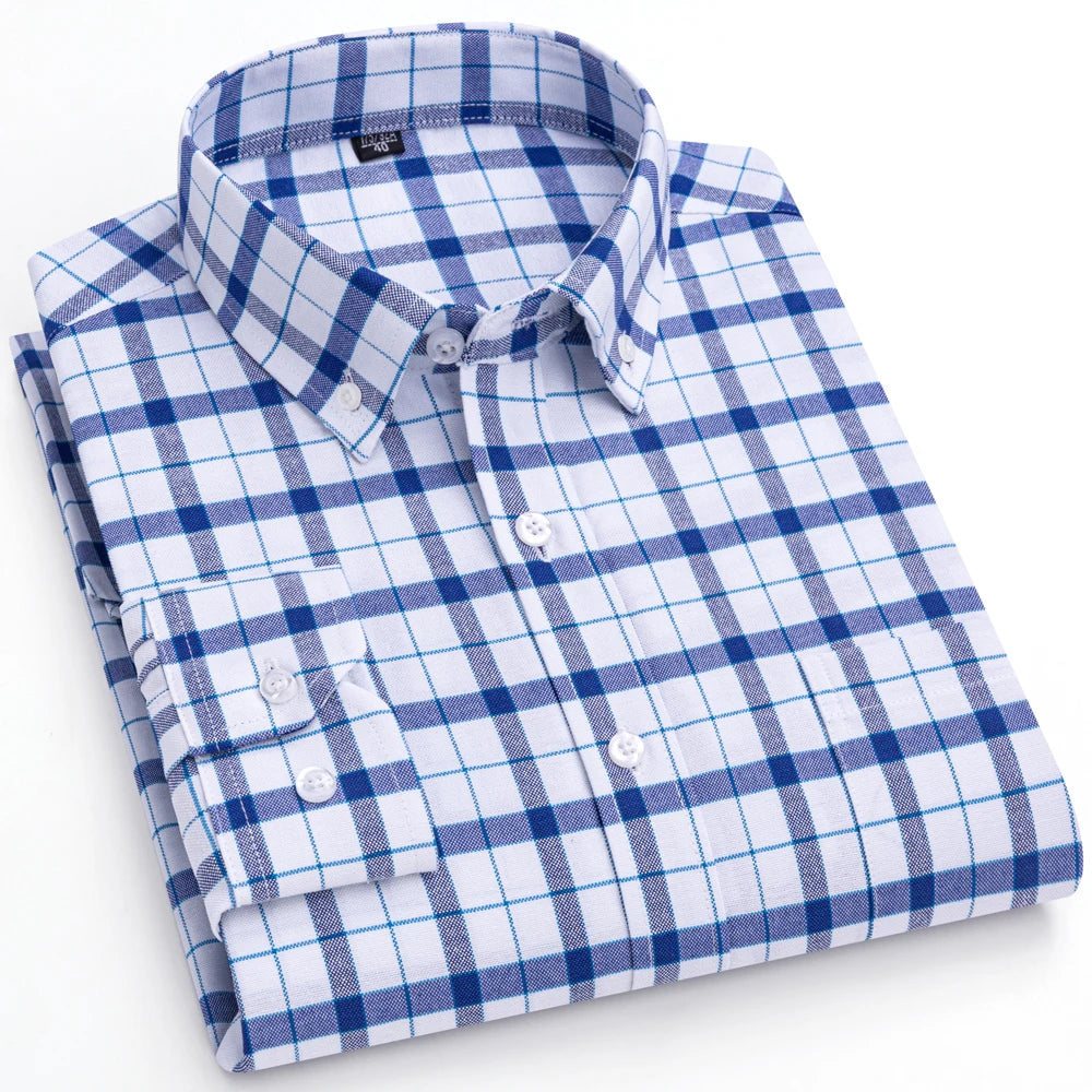 Men's Trendy Striped Lapel Collar Design Cotton Dress Shirts, Long Sleeve Casual Button Up Commuter Shirt For Spring/Fall