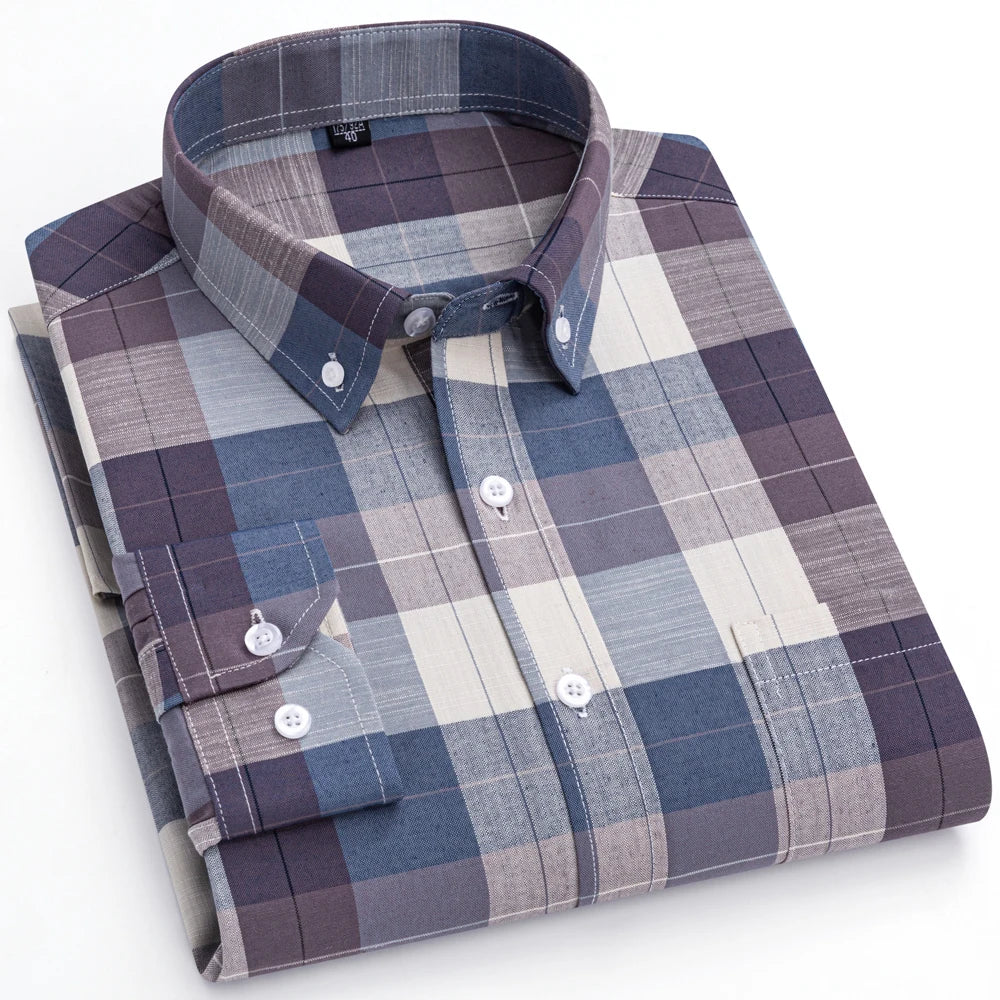 Men's Trendy Striped Lapel Collar Design Cotton Dress Shirts, Long Sleeve Casual Button Up Commuter Shirt For Spring/Fall