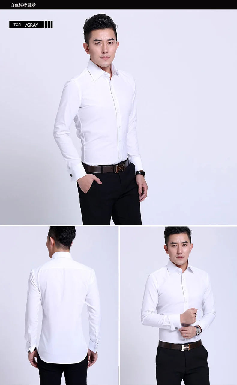 Men's French cufflinks shirt, men's slim fit long sleeved business sleeve nail free business formal men's solid color shirt