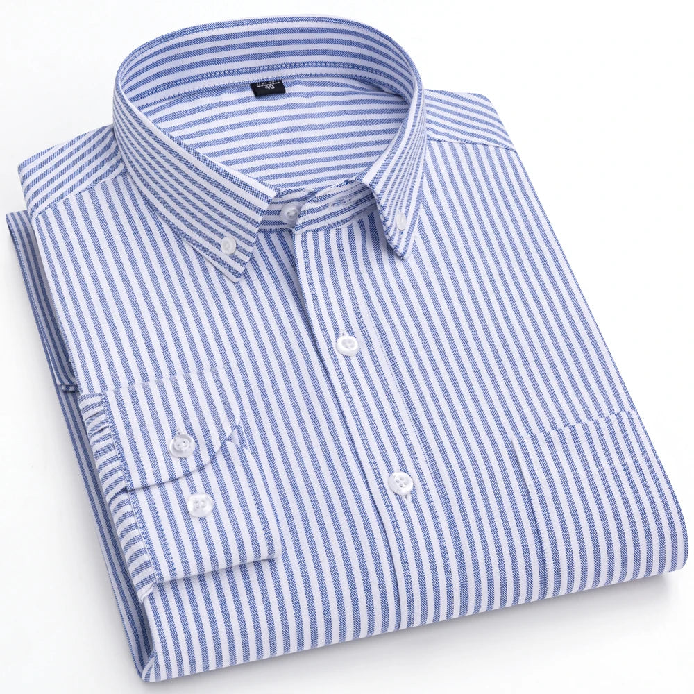 Men's Trendy Striped Lapel Collar Design Cotton Dress Shirts, Long Sleeve Casual Button Up Commuter Shirt For Spring/Fall