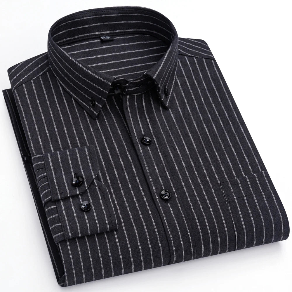 Men's Trendy Striped Lapel Collar Design Cotton Dress Shirts, Long Sleeve Casual Button Up Commuter Shirt For Spring/Fall