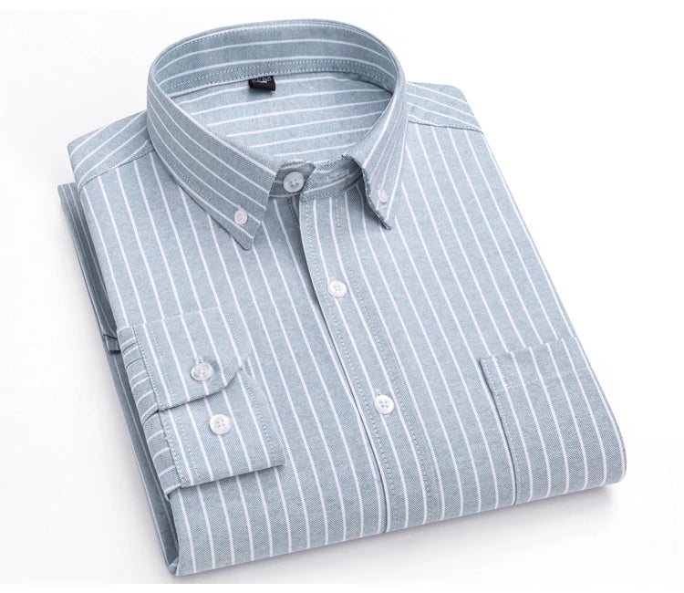 Men's Trendy Striped Lapel Collar Design Cotton Dress Shirts, Long Sleeve Casual Button Up Commuter Shirt For Spring/Fall