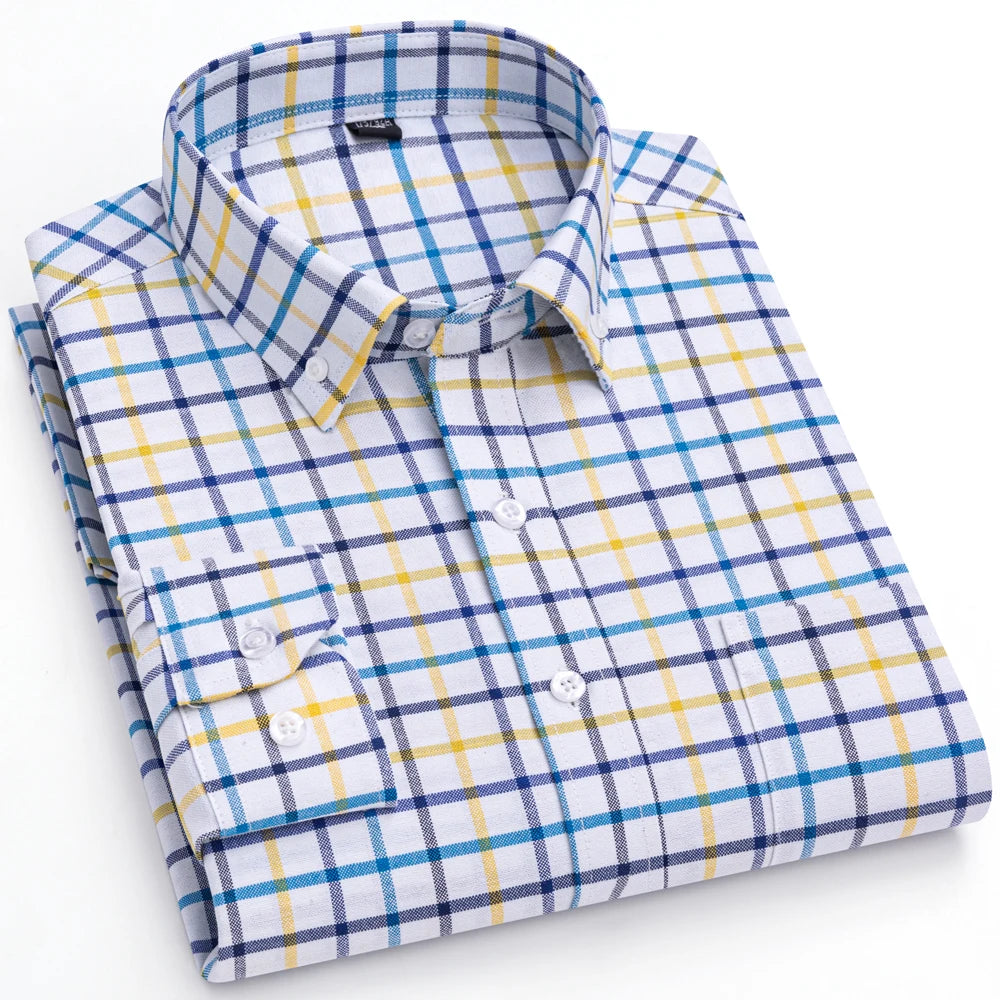 Men's Trendy Striped Lapel Collar Design Cotton Dress Shirts, Long Sleeve Casual Button Up Commuter Shirt For Spring/Fall