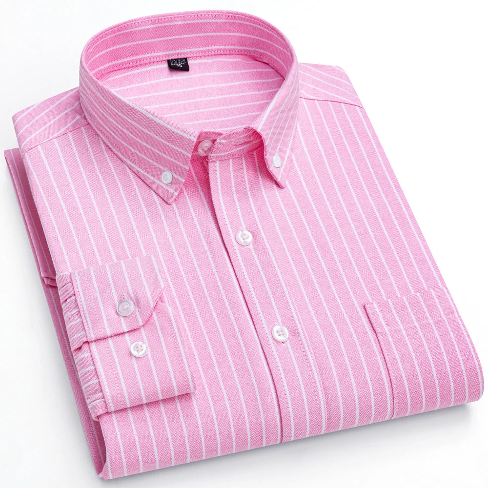 Men's Trendy Striped Lapel Collar Design Cotton Dress Shirts, Long Sleeve Casual Button Up Commuter Shirt For Spring/Fall