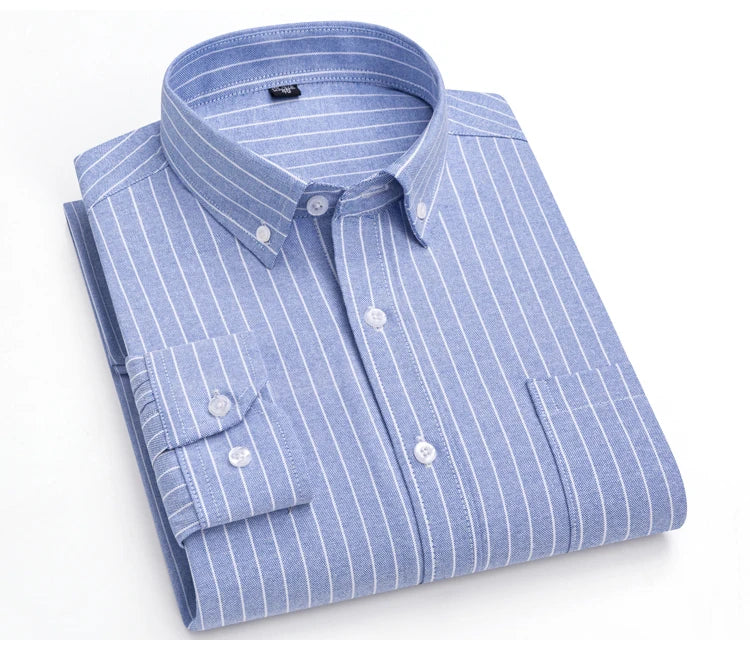 Men's Trendy Striped Lapel Collar Design Cotton Dress Shirts, Long Sleeve Casual Button Up Commuter Shirt For Spring/Fall