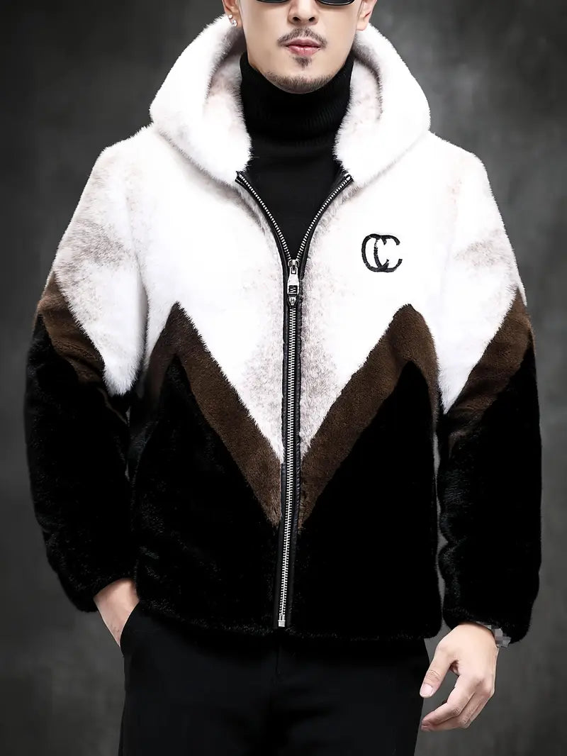 Men's Faux Mink Hooded Jacket - Stylish Warm Winter Coat with Zip Closure for Outdoor Adventures