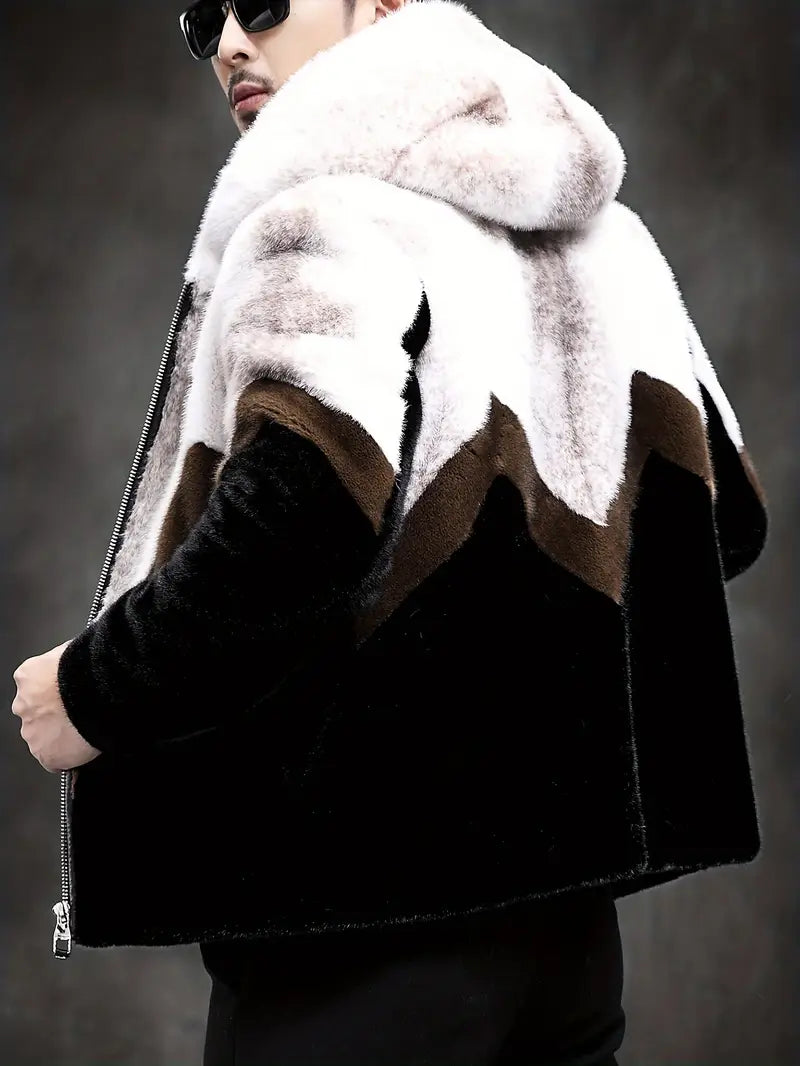 Men's Faux Mink Hooded Jacket - Stylish Warm Winter Coat with Zip Closure for Outdoor Adventures
