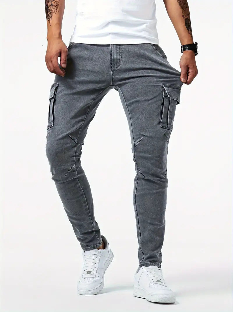 Men’s Utility Work Pants with Pockets – Slim Fit Denim Cargo Trousers for All Seasons