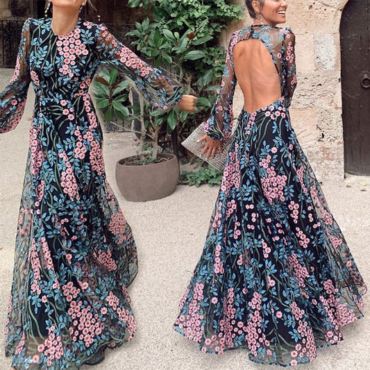 European And American New Foreign Trade Women's Sexy Backless Slim Fashion Printed Mid-Waist Dress