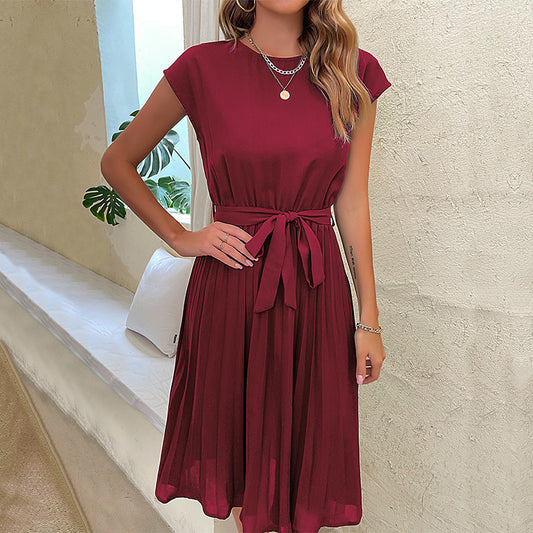 Sunset Sway Pleated Waist-Tie Dress