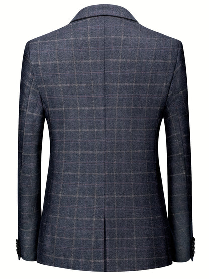 Men's 3pcs Gingham Suit Set, Casual Lapel Collar, Regular Fit, Long Sleeve, Non-Stretch Woven Viscose 26%, Polyester 74%, All Seasons, Includes Vest, Shirt, Pants - 290gsm Fabric Weight