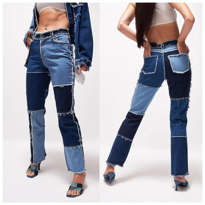 Women's Raw Edge High Elastic Straight Leg Jeans