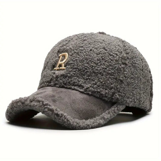 Cozy Teddy Fleece Baseball Cap with Letter R - Adjustable Snapback, Warm Winter Hat for Men & Women, Soft Knit, Moisture-Wicking, Holiday Gift