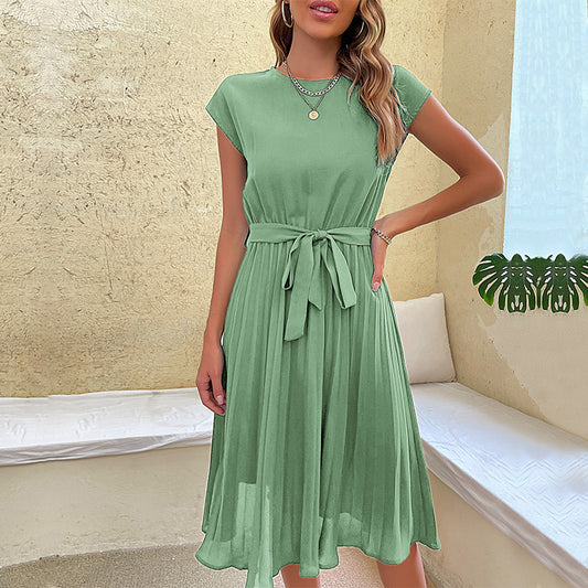 Sunset Sway Pleated Waist-Tie Dress