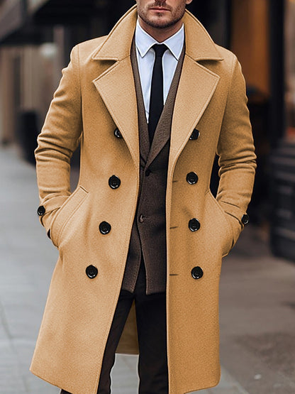 Elegant Men's Gray Tweed Pea Coat - Warm, Double-Breasted, Long Sleeve with Side Pockets & Brown Trim - Casual Solid Color Winter Cardigan for Streetwear, Casual Streetwear|Doublebreasted Design|Buttonup Coat