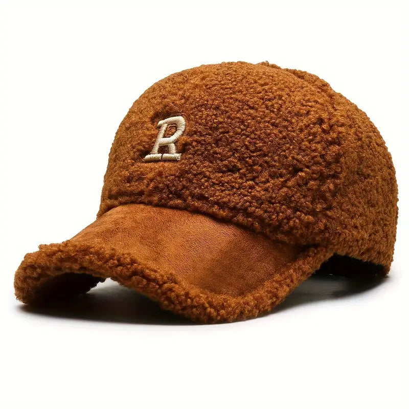 Cozy Teddy Fleece Baseball Cap with Letter R - Adjustable Snapback, Warm Winter Hat for Men & Women, Soft Knit, Moisture-Wicking, Holiday Gift