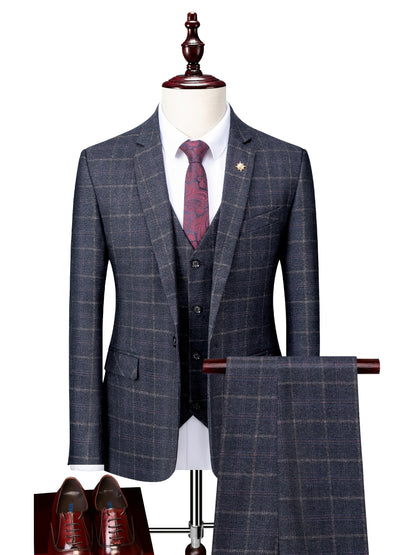Men's 3pcs Gingham Suit Set, Casual Lapel Collar, Regular Fit, Long Sleeve, Non-Stretch Woven Viscose 26%, Polyester 74%, All Seasons, Includes Vest, Shirt, Pants - 290gsm Fabric Weight