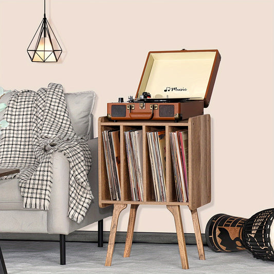 Lerliuo Black Vinyl Record Player Stand with 4 Cabinets, Holds Up to 100 Albums, Mid-Century Phono Display Table with Wooden Legs for Living Room or Lab Decor