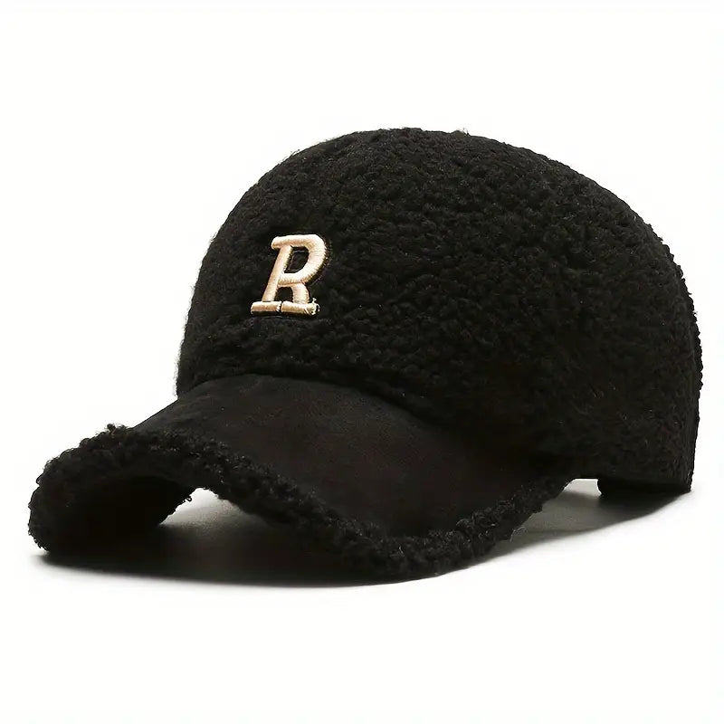 Cozy Teddy Fleece Baseball Cap with Letter R - Adjustable Snapback, Warm Winter Hat for Men & Women, Soft Knit, Moisture-Wicking, Holiday Gift