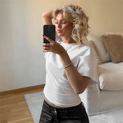 Women Solid Color Round Neck Front Shoulder Wide Long Sleeves Cinched Waist Slim Crop Top Daily Casual Simple Versatile Tops
