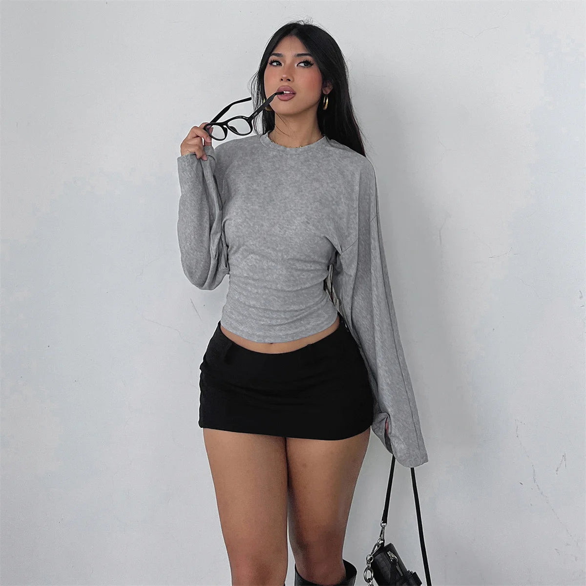 Women Solid Color Round Neck Front Shoulder Wide Long Sleeves Cinched Waist Slim Crop Top Daily Casual Simple Versatile Tops