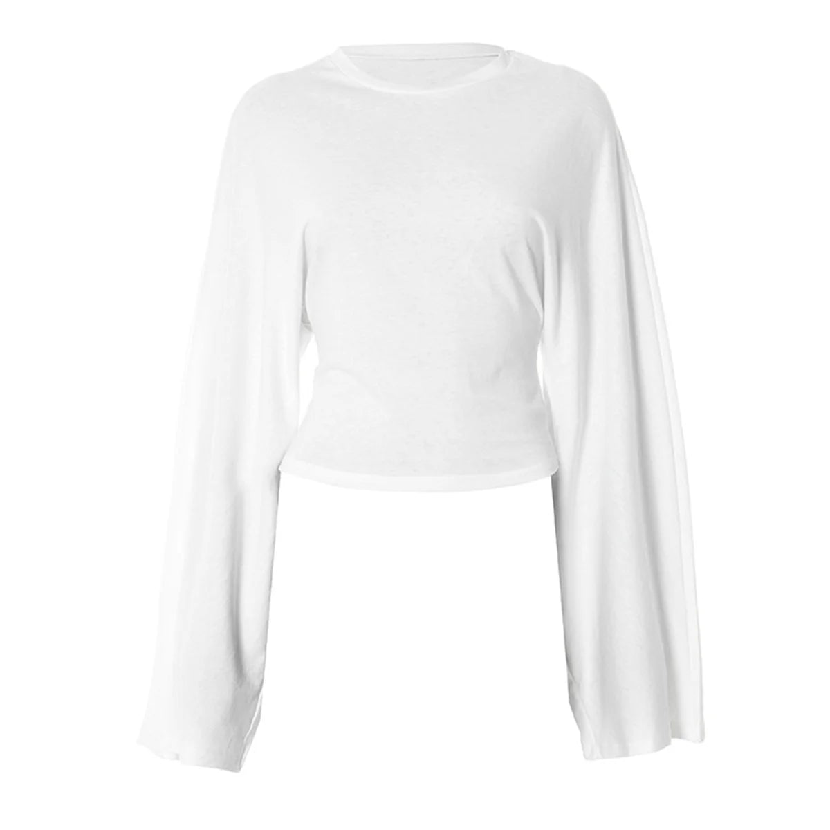 Women Solid Color Round Neck Front Shoulder Wide Long Sleeves Cinched Waist Slim Crop Top Daily Casual Simple Versatile Tops