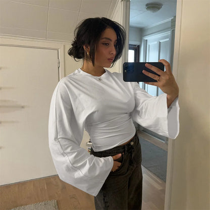 Women Solid Color Round Neck Front Shoulder Wide Long Sleeves Cinched Waist Slim Crop Top Daily Casual Simple Versatile Tops